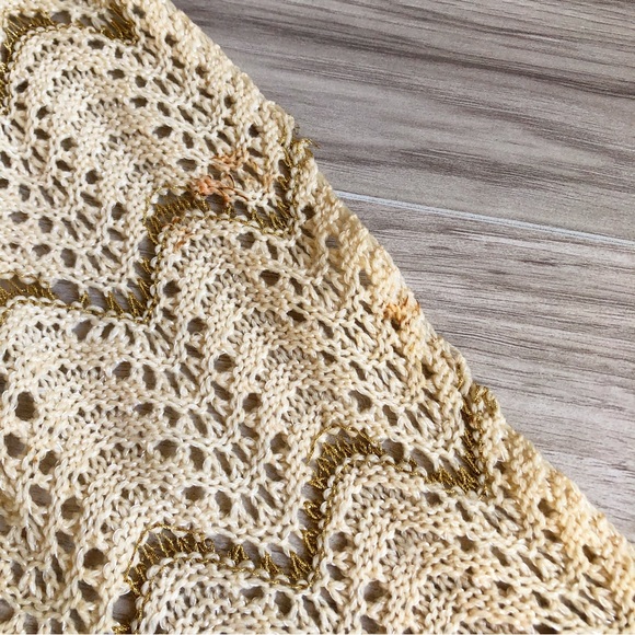 Vintage 70s Cream + Gold Crochet Blanket Scarf + Long Fringe Trim - Picture 5 of 5